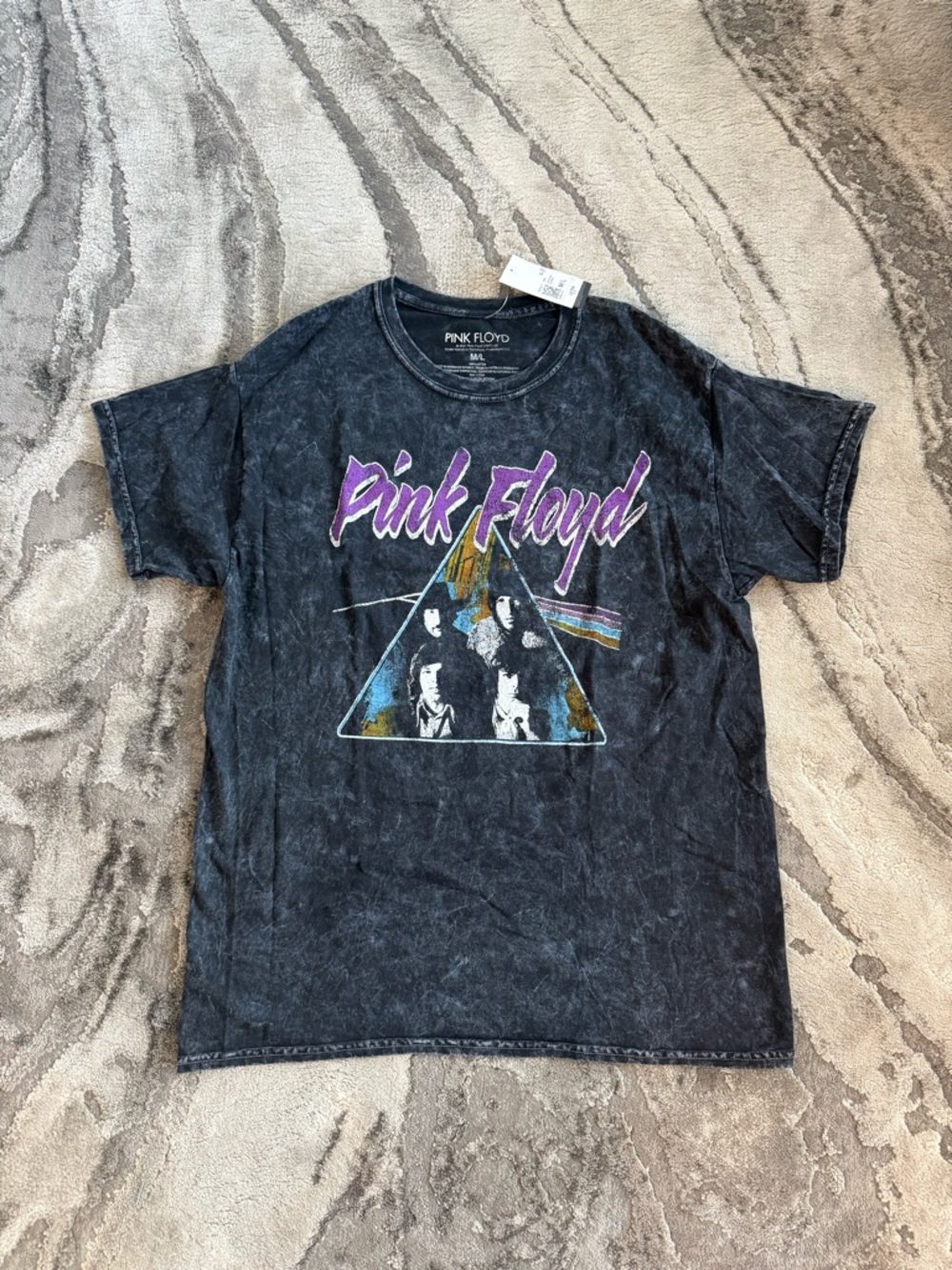 Pink Floyd Black Mineral Wash Tee with Purple Script and Multicolor Prism